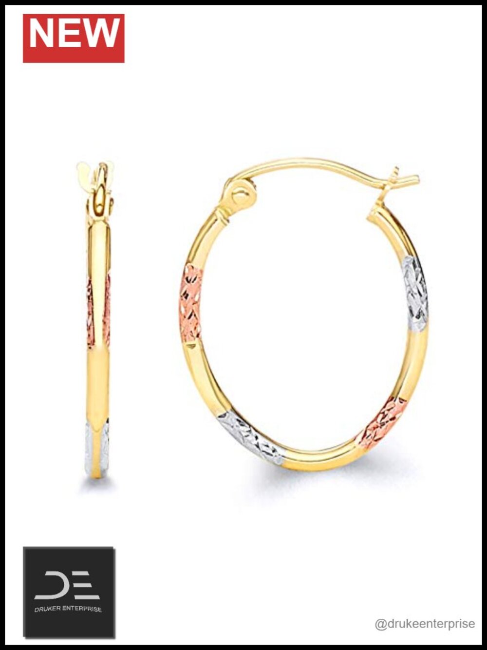 14k Tri Color Gold Oval Hoop Earrings 1.5mm Thickness Hinged